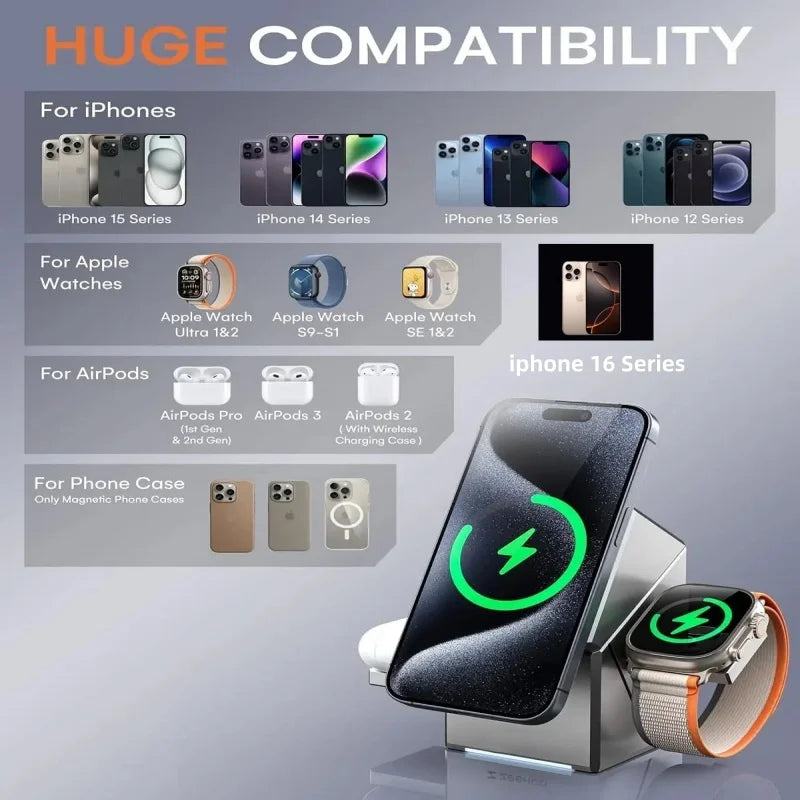 15W Qi2 3 In 1 Touch Autorotation Magsafe Magnetic Wireless Charger For Android iPhone iWatch Airpods Fast Charging Dock Station
