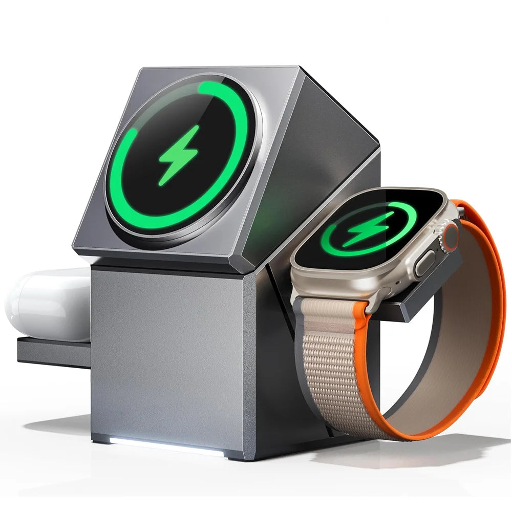 3-in-1 Portable Wireless Charging Station 30W Fast Charger Stand for iPhone 16/15 Series Apple Watch Ultra & AirPods - Apple Compatible