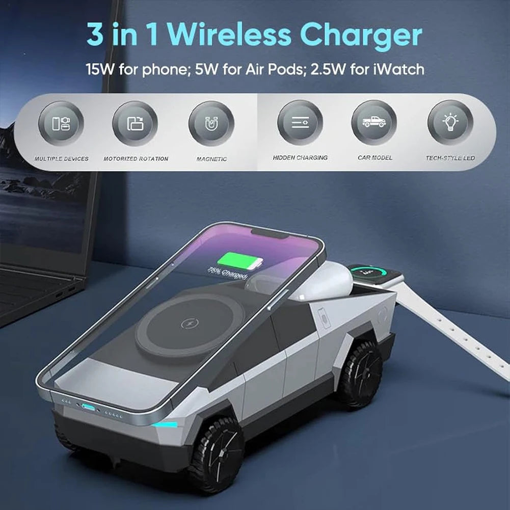 3 in 1 Charging Station Cybertruck Magnetic Wireless Charger for iPhone 16/15/14/13/12 Series for Watch 10 9 8 7 6 for Airpods