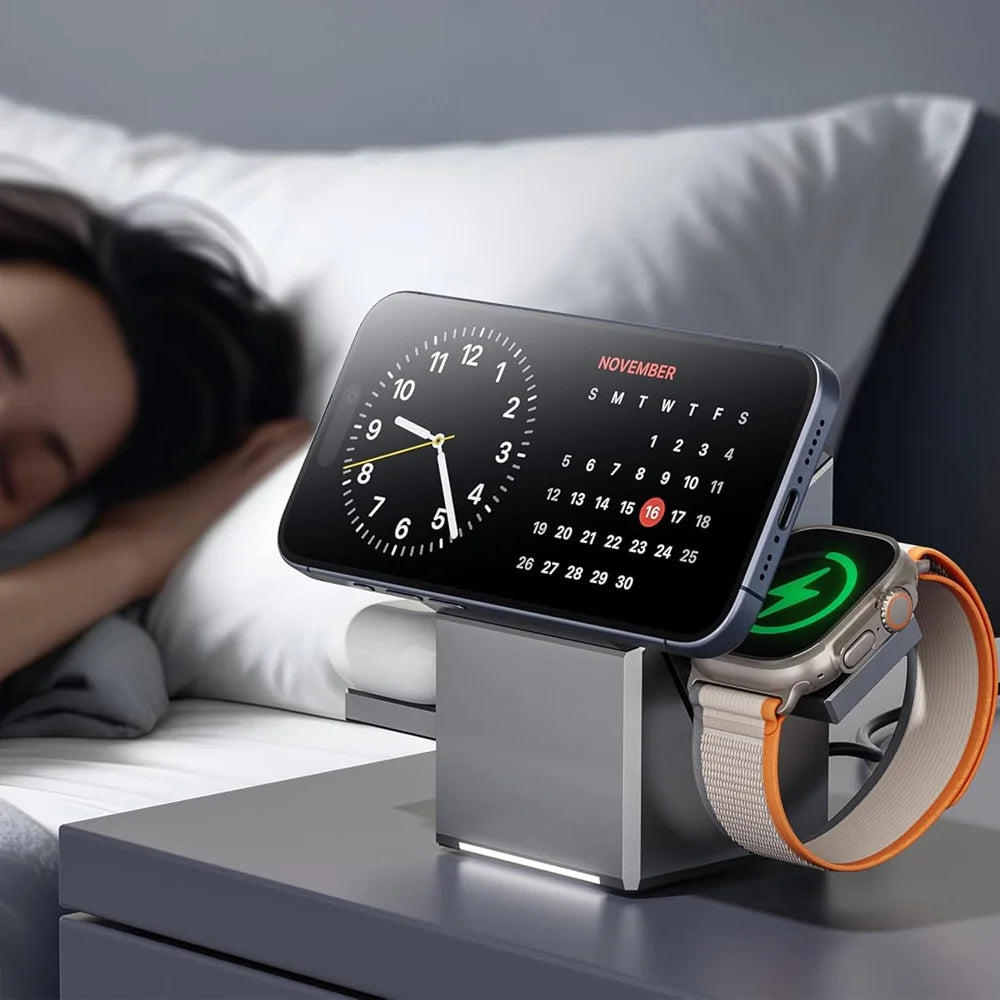 3-in-1 Portable Wireless Charging Station 30W Fast Charger Stand for iPhone 16/15 Series Apple Watch Ultra & AirPods - Apple Compatible