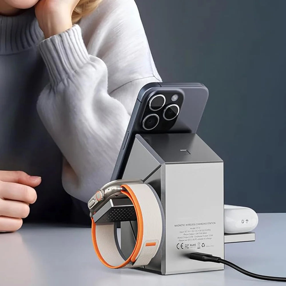 3-in-1 Portable Wireless Charging Station 30W Fast Charger Stand for iPhone 16/15 Series Apple Watch Ultra & AirPods - Apple Compatible