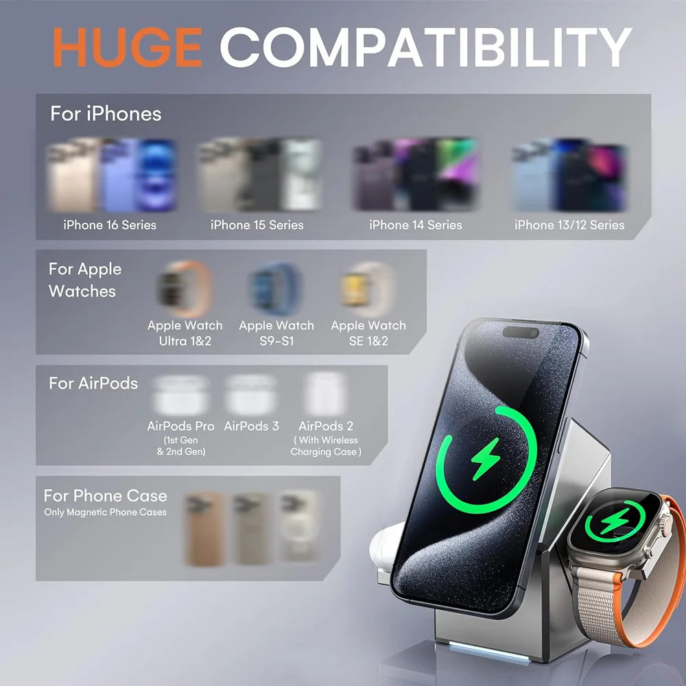 3-in-1 Portable Wireless Charging Station 30W Fast Charger Stand for iPhone 16/15 Series Apple Watch Ultra & AirPods - Apple Compatible